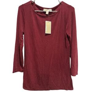 Michael Kors Womens Sparkle Knit Top Cinnabar Red Size M NWT Metallic Stretch